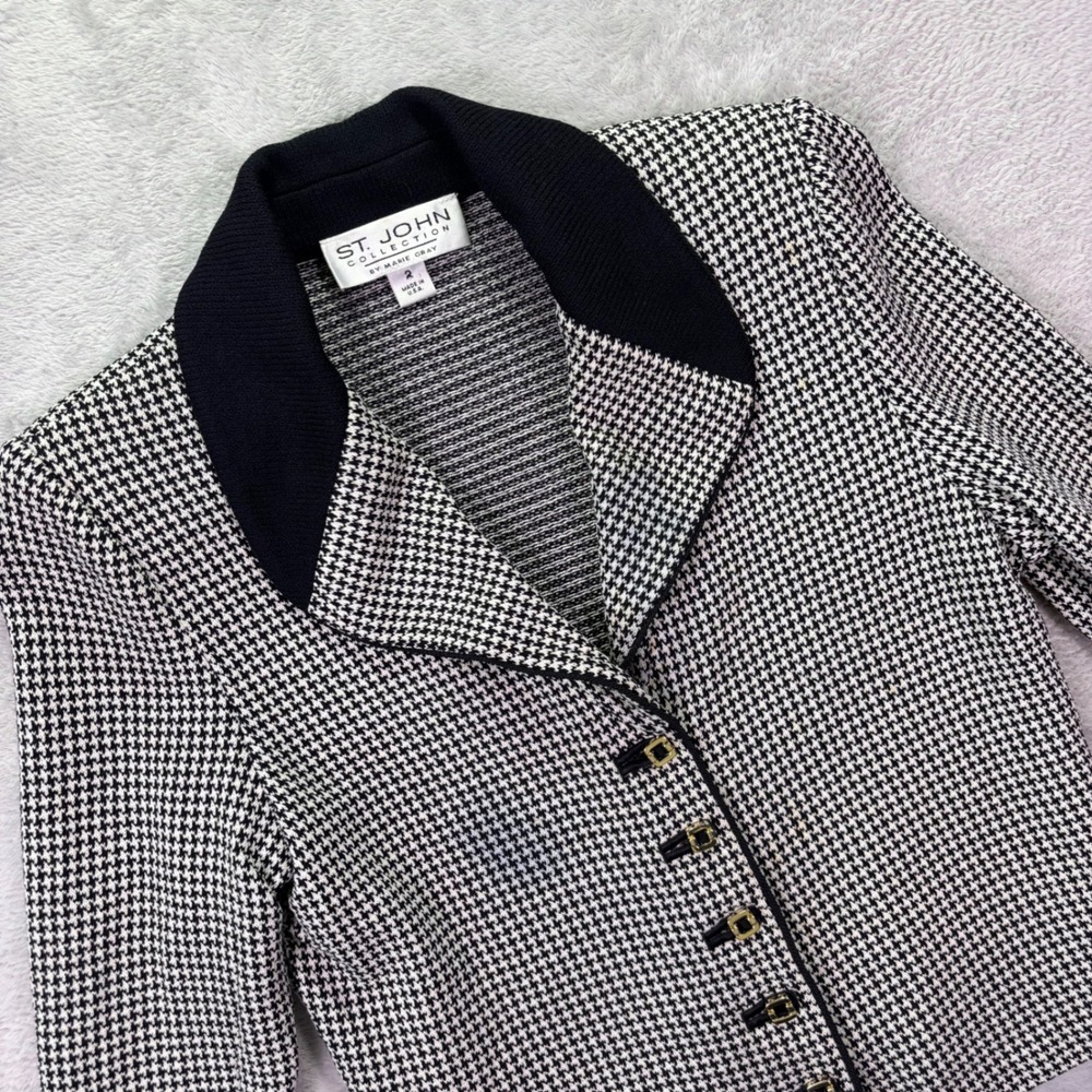 St. John Women Knit Jacket 2 Black White Houndstooth Santana Shoulder Pads